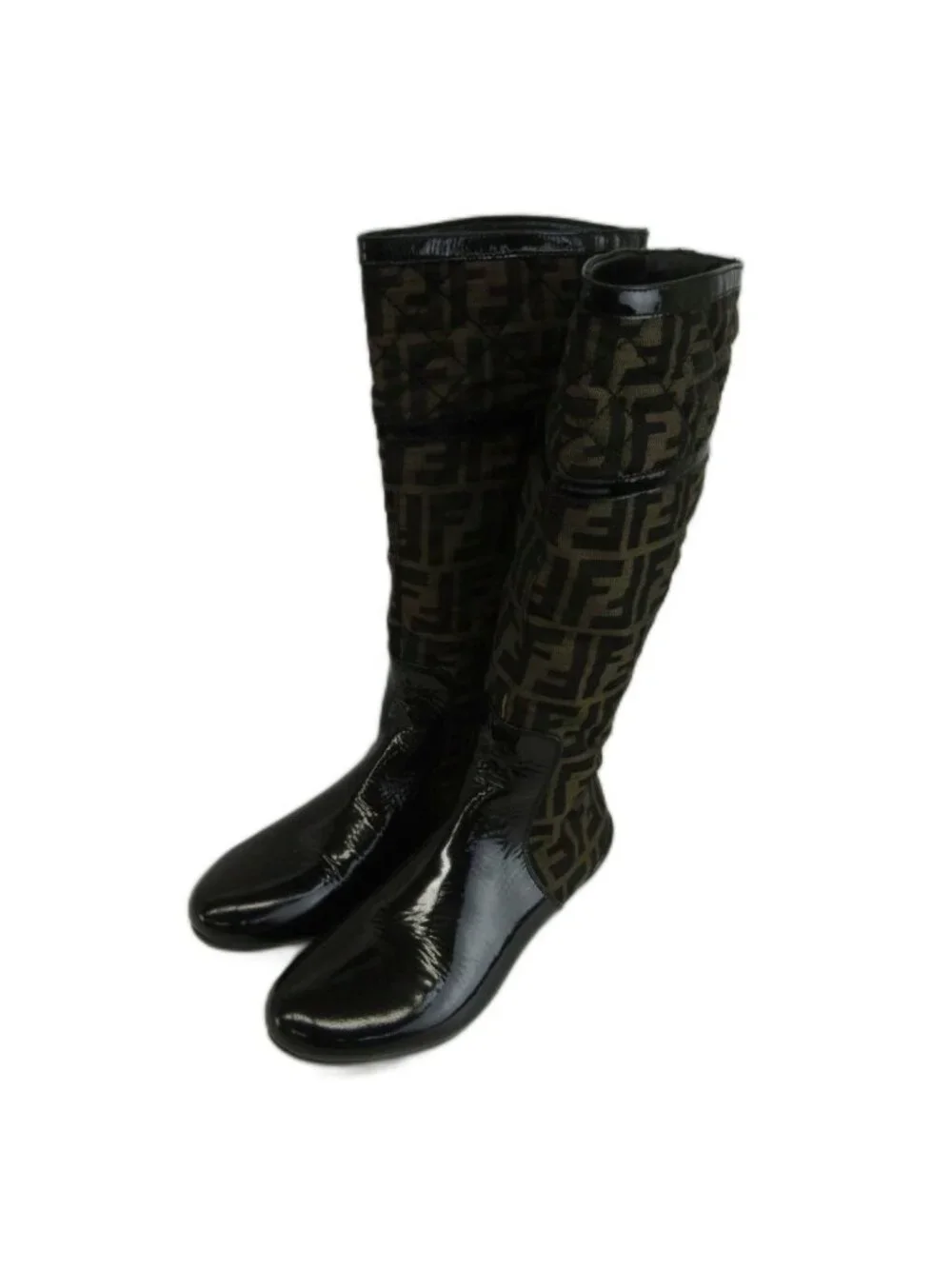 Fendi Long Boots Canvas Patent Cut Replacement Round Toe Flat Zucca Pattern
